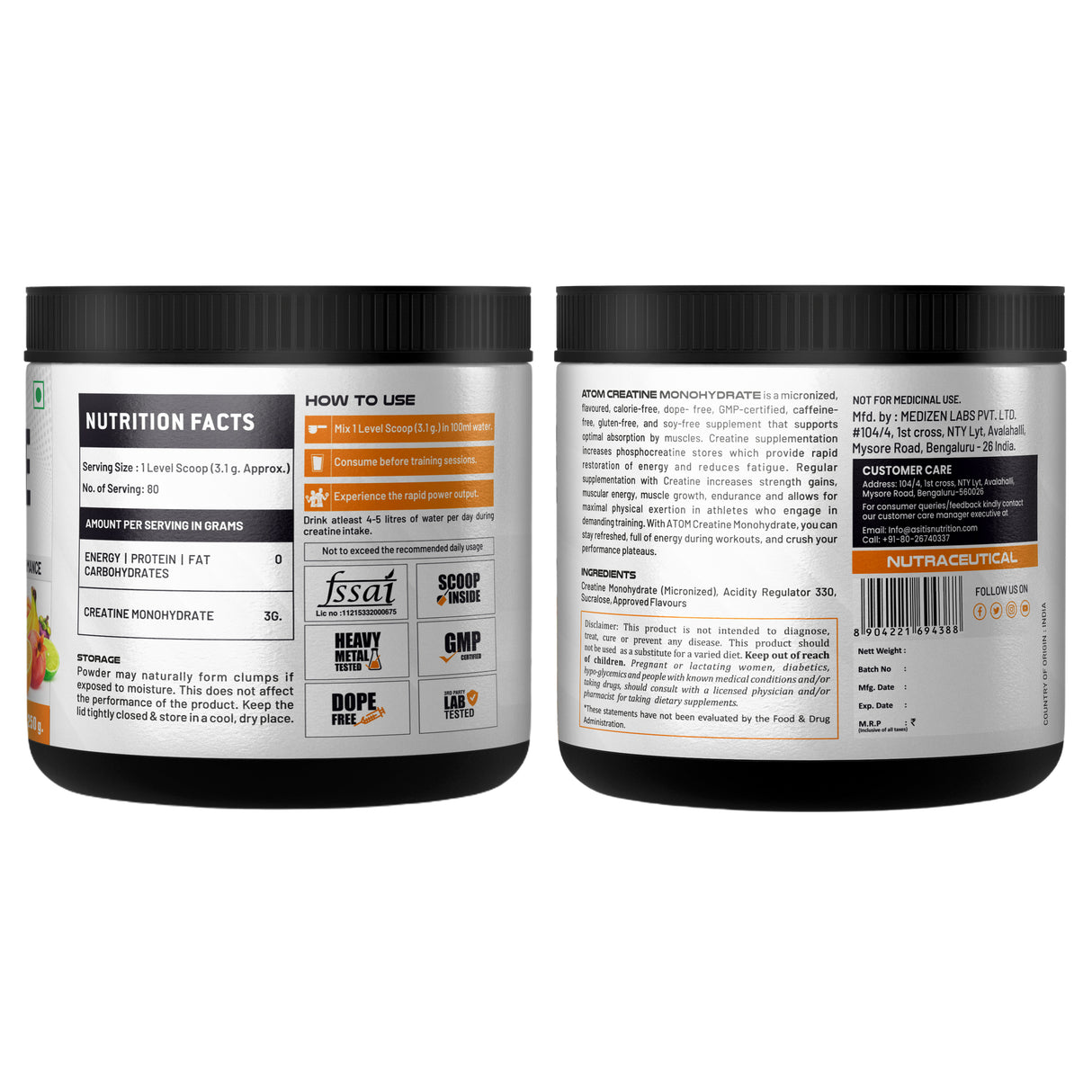 AS-IT-IS ATOM Creatine Monohydrate 250g - 80 Servings - Nutristar