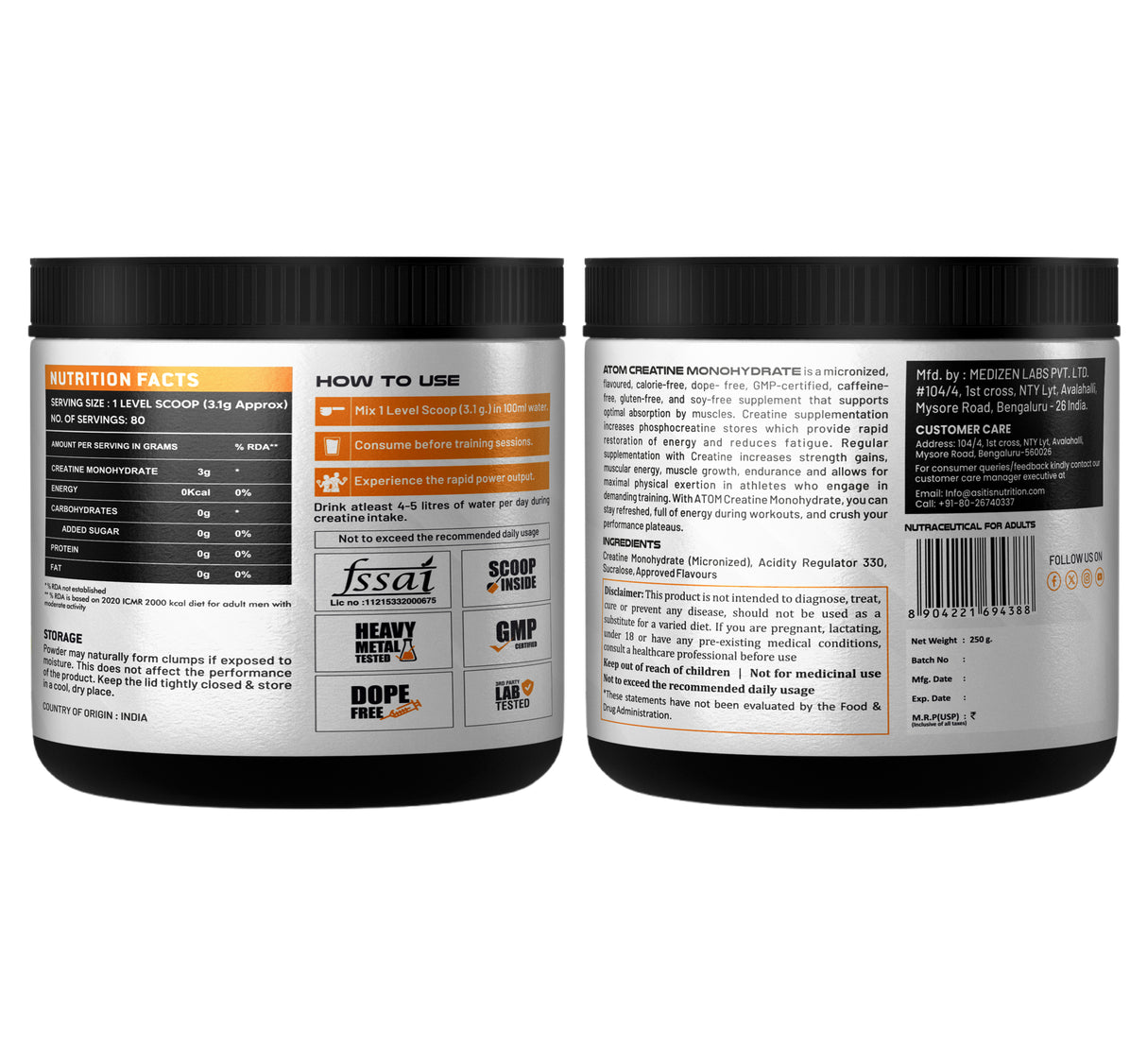 AS-IT-IS ATOM Creatine Monohydrate 250g - 80 Servings