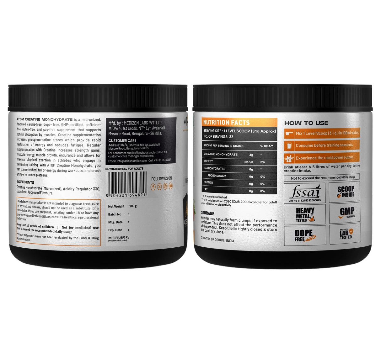 AS-IT-IS ATOM Creatine Monohydrate 100g - 32 Servings