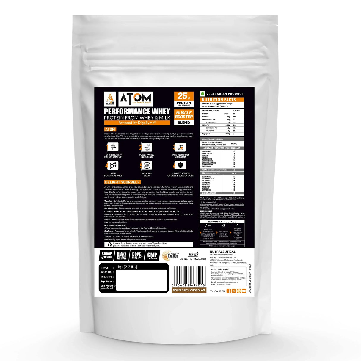 AS-IT-IS ATOM Performance Whey Protein 1 Kg + Nutristar Micronized CREA Gold Creatine Monohydrate 250g (83 Servings) - Muscle Strength & Lean Gain Combo