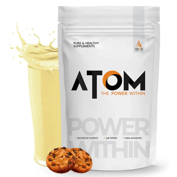 Shop ATOM Performance Whey Cookie Delight protein powder at Nutristar with milk and cookies