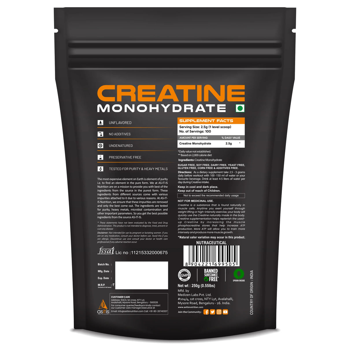 AS-IT-IS Nutrition Pure Creatine Monohydrate 250 Gms