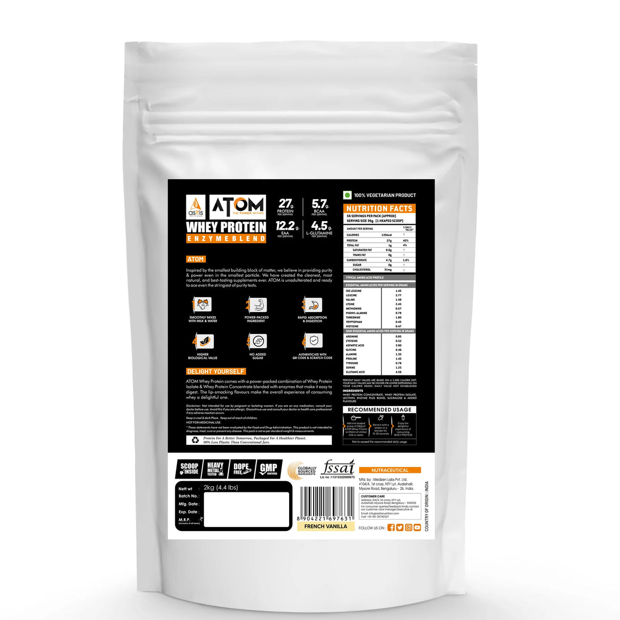 AS-IT-IS Atom Whey Protein with Digestive Enzymes - 2 kg (4.4 Lbs)