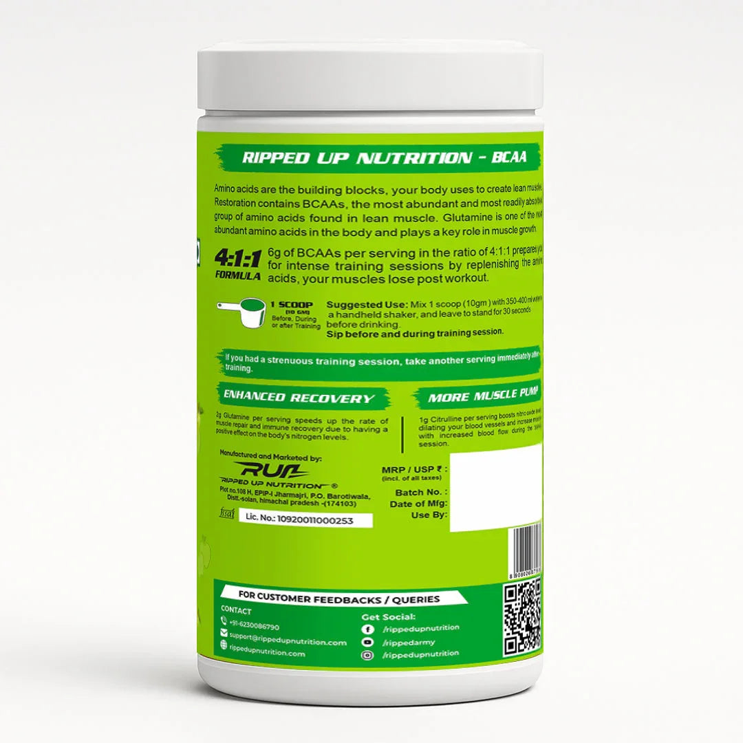 Ripped Up Nutrition BCAA Powder with Glutamine & Citrulline 300gm, 30 Servings