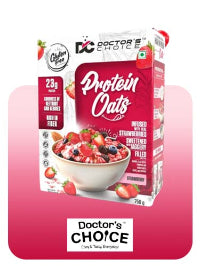 Doctor's Choice Protein Oats Infused with Strawberries, Sweetened Aggescy, and Filled with Protein, shown in a 750 g carton against a pink gradient background with a white Doctor's Choice logo banner below.