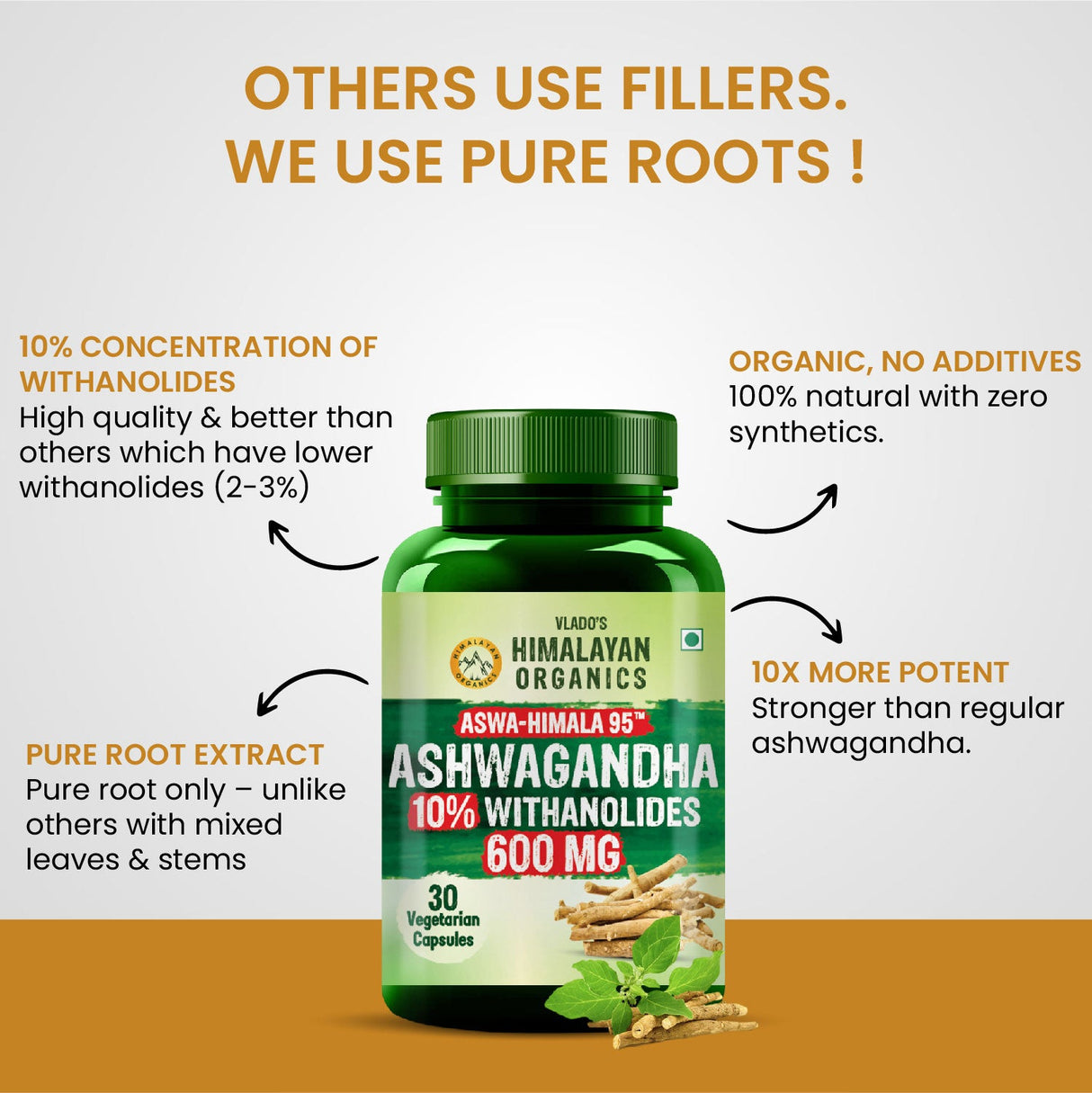 Vlado's Himalayan Organics, Ashwagandha 10% Withanolides 600mg, High Potency Ayurvedic Supplement - 30 Capsules