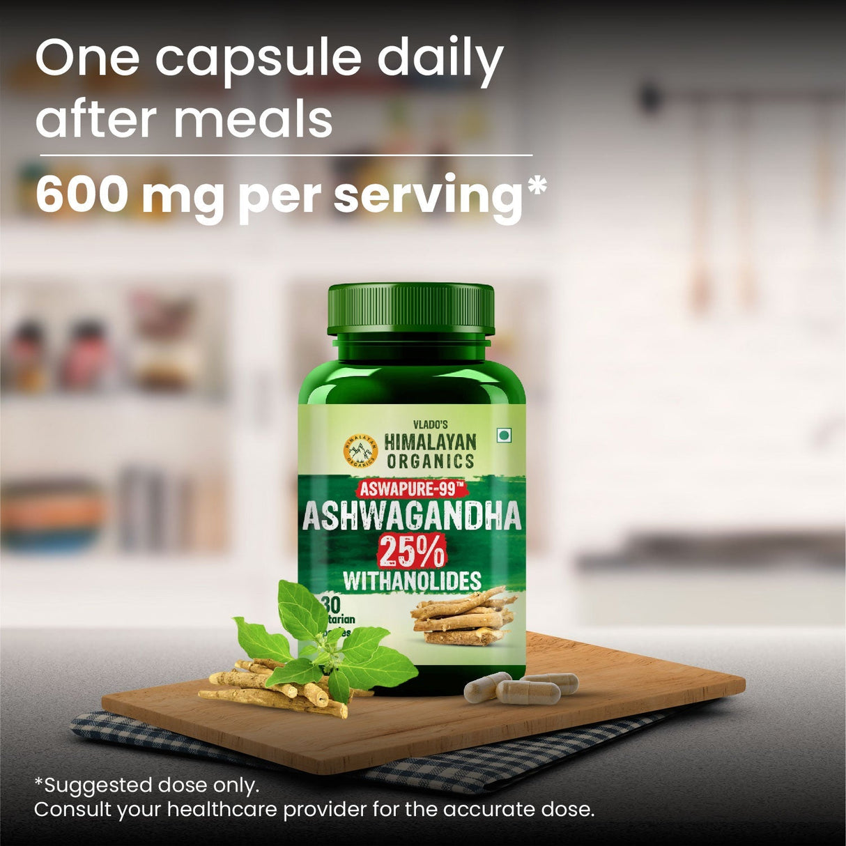 Vlado's Himalayan Organics, Ashwagandha 25% Withanolides 600mg, Maximum Potency Ayurvedic Supplement - 30 Capsules