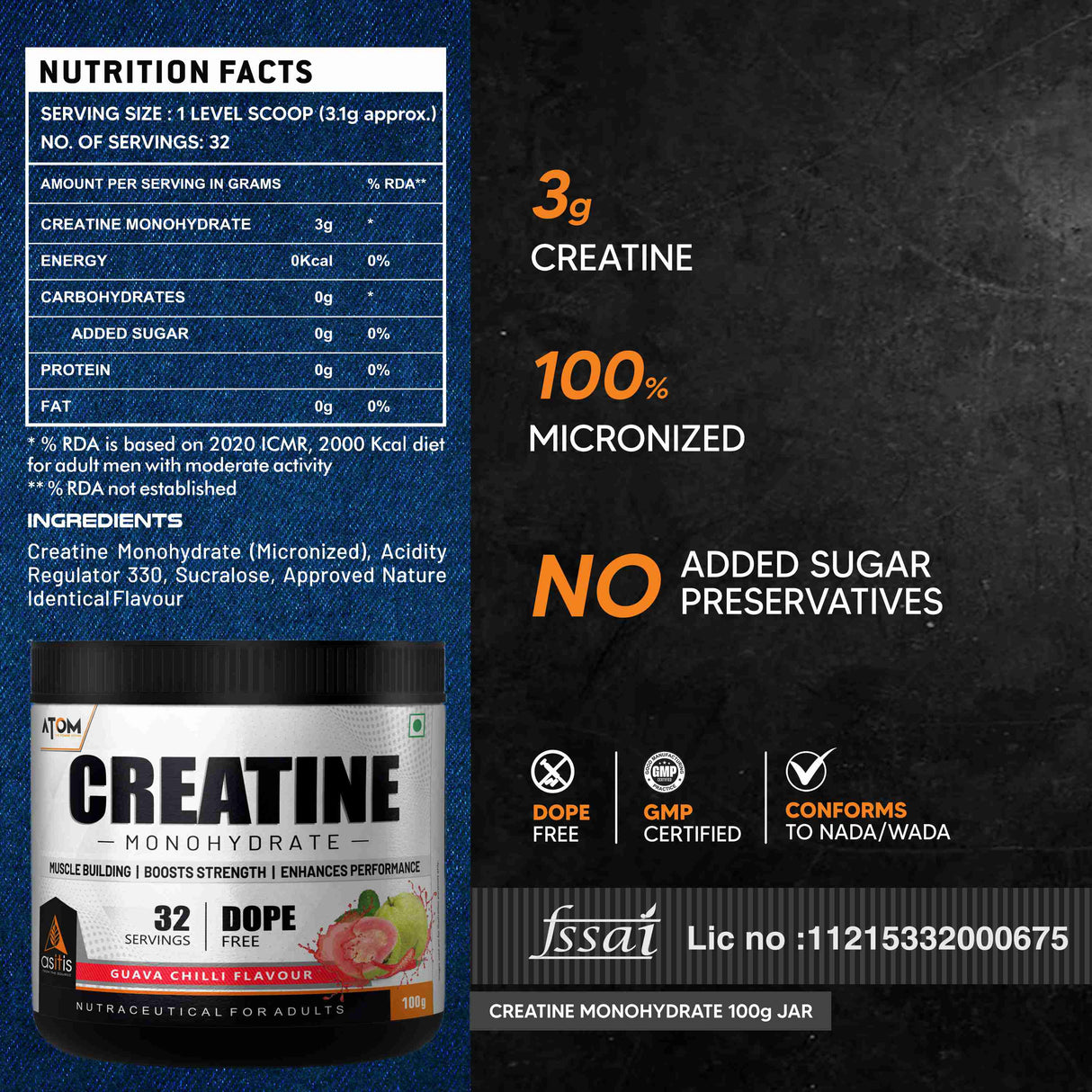 AS-IT-IS ATOM Creatine Monohydrate 100g - 32 Servings