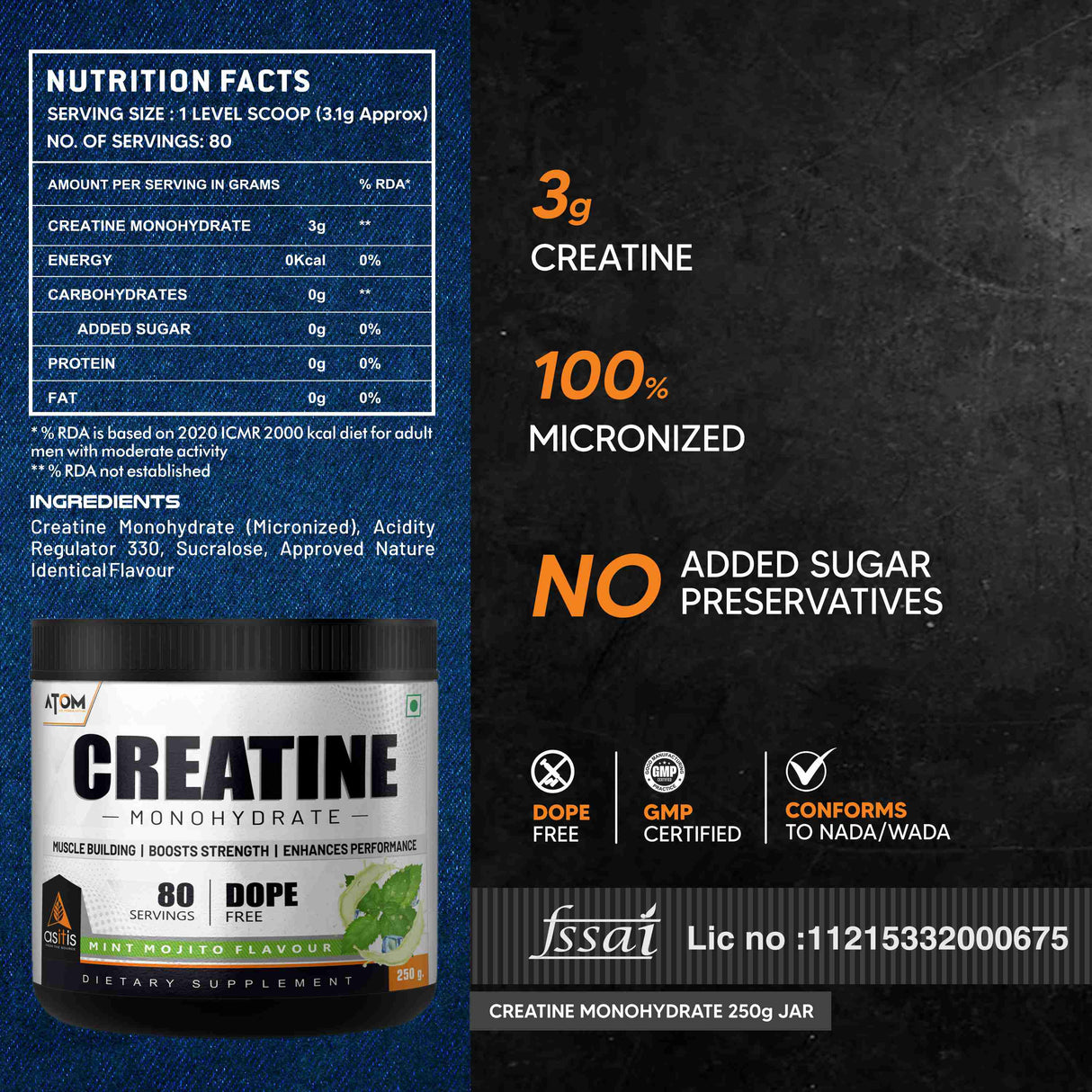 AS-IT-IS ATOM Creatine Monohydrate 250g - 80 Servings