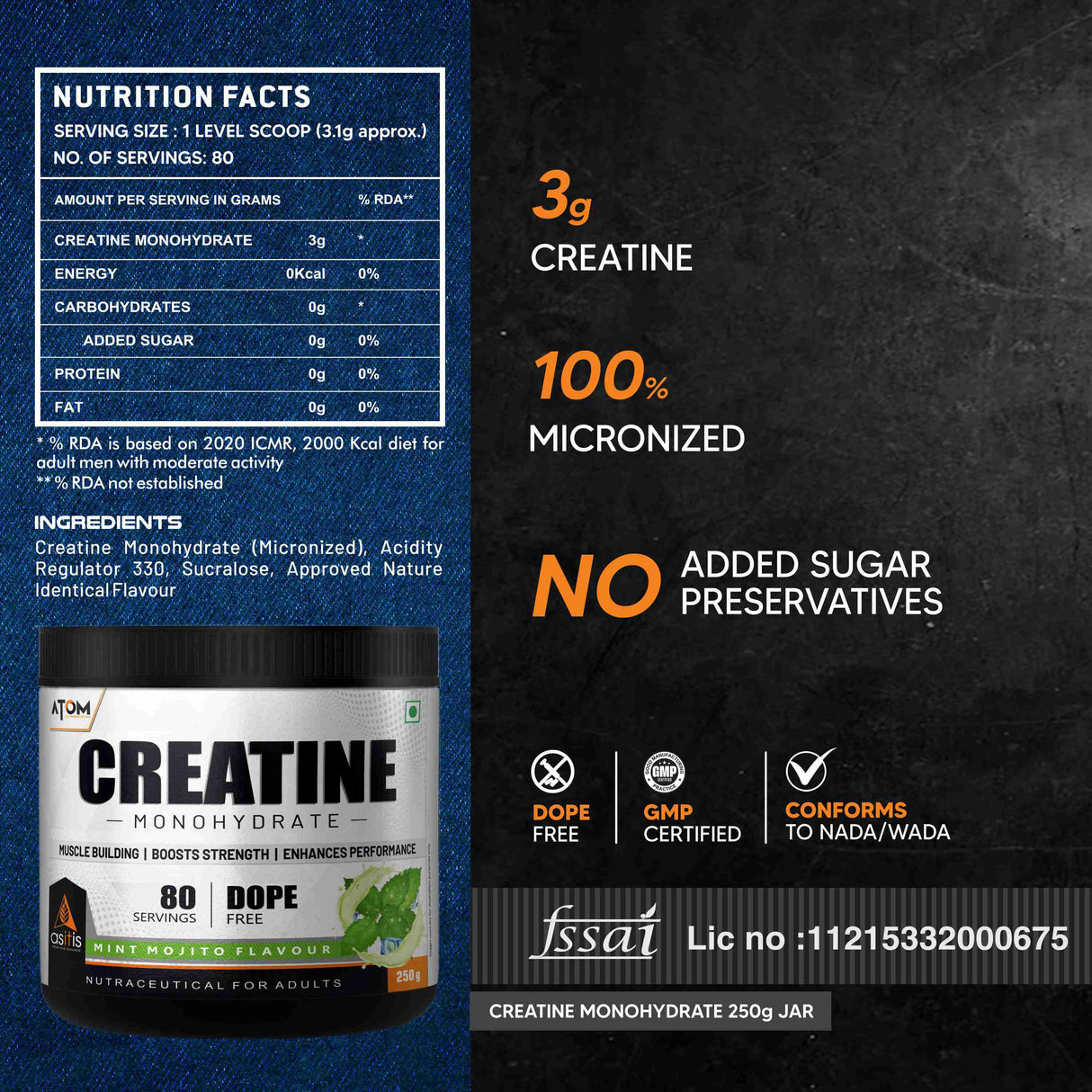 AS-IT-IS ATOM Creatine Monohydrate 250g - 80 Servings