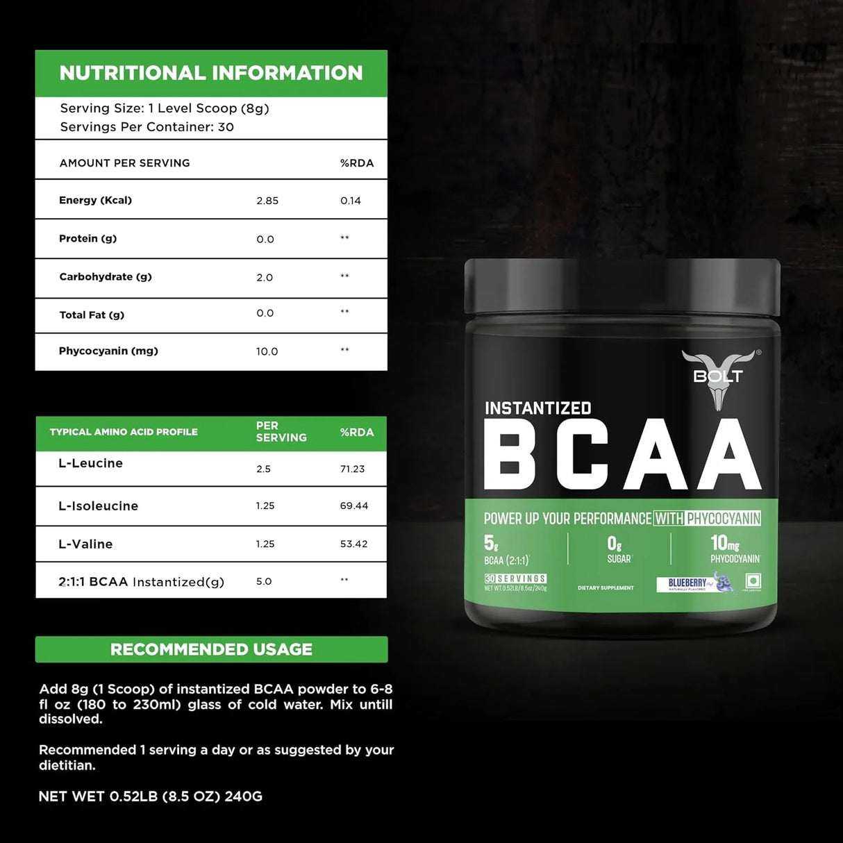 Bolt Nutrition BCAA 5000 Powder 240g, 30 Servings