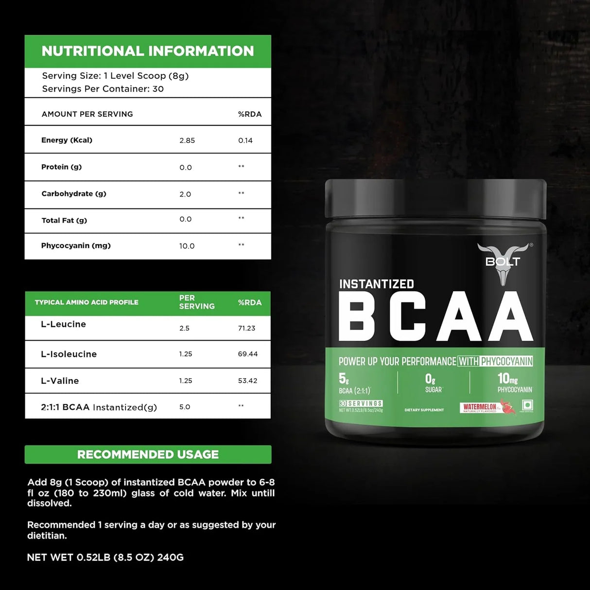 Bolt Nutrition BCAA 5000 Powder 240g, 30 Servings