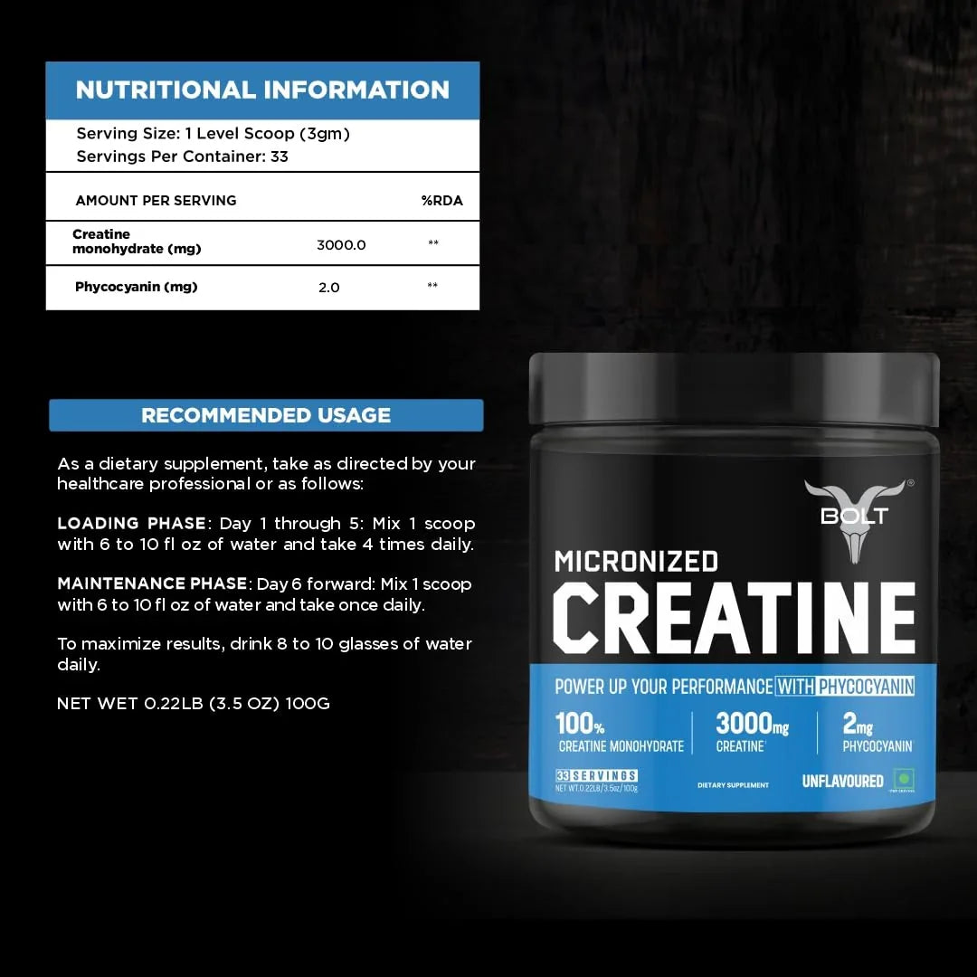 Bolt Nutrition Micronised Creatine Monohydrate 100g, 33 Servings