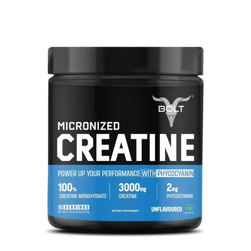 Bolt Nutrition Micronised Creatine Monohydrate | Energy Support for Heavy Workout | 250g, 83 Servings