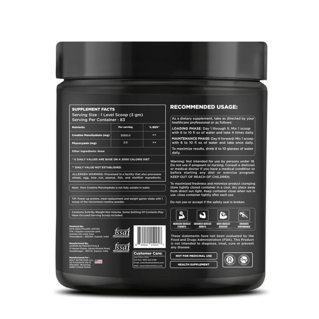Bolt Nutrition Micronised Creatine Monohydrate 250g, 83 Servings