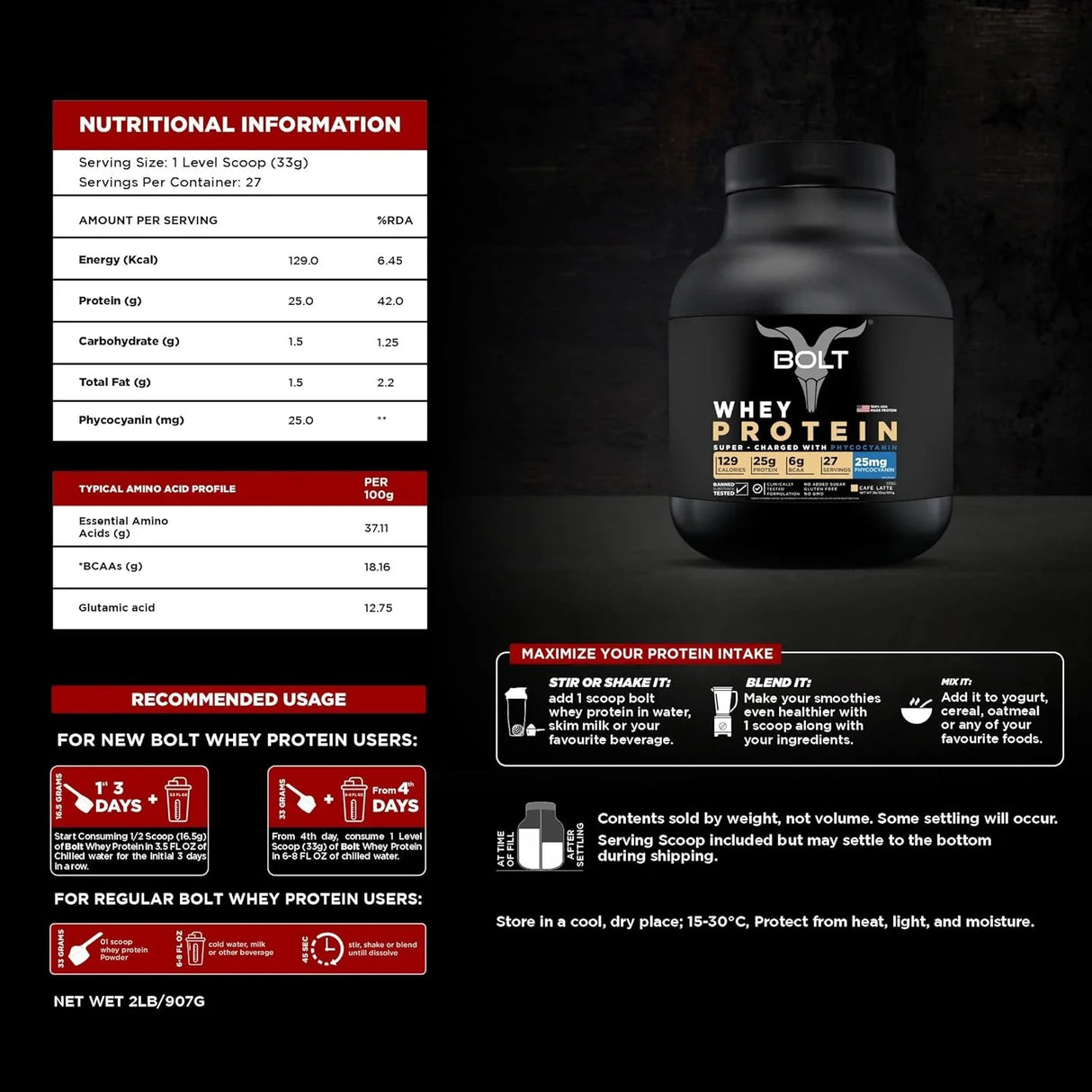 Bolt Nutrition 100% Whey Protein Powder 2lb, 27 Servings