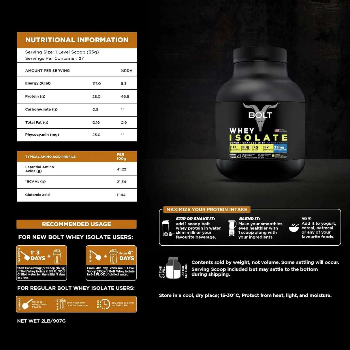 Bolt Nutrition Whey Isolate Protein Powder 2lb, 27 Servings