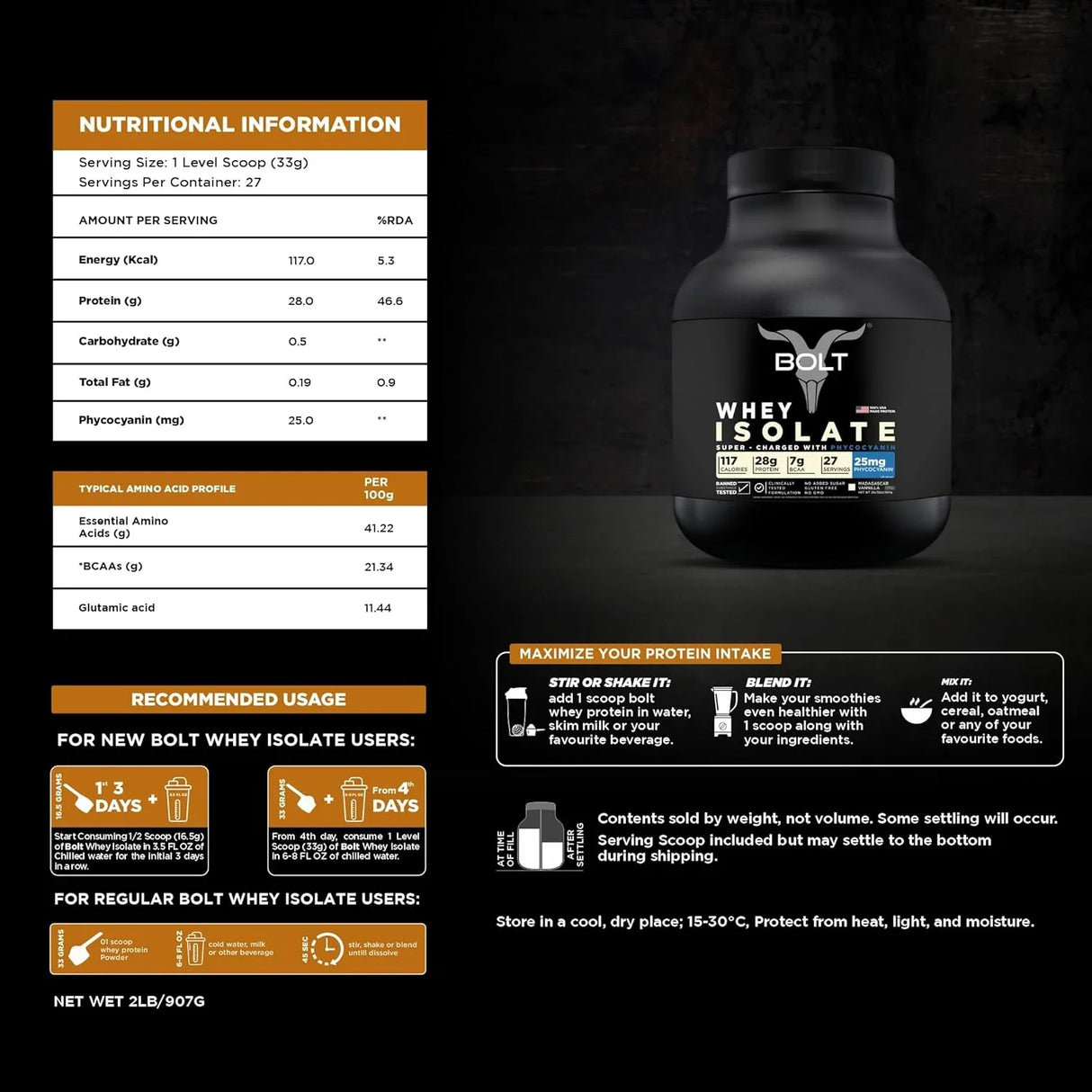 Bolt Nutrition Whey Isolate Protein Powder 2lb, 27 Servings