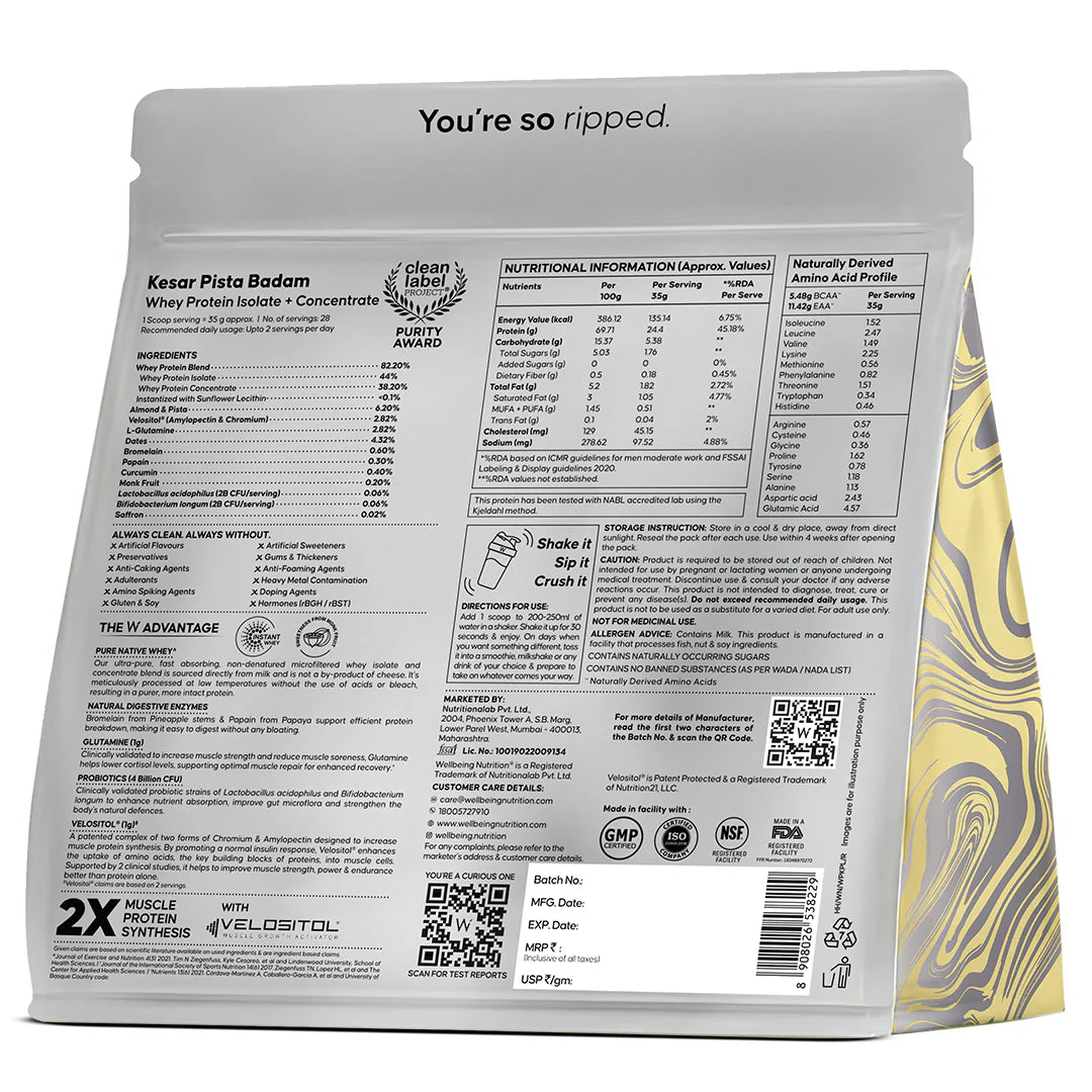 Wellbeing Nutrition Whey Protein Isolate & Concentrate | 24g Protein, Clinically Proven Velositol 2x Muscle Protein Synthesis, 4B CFU Probiotics | 1 Kg