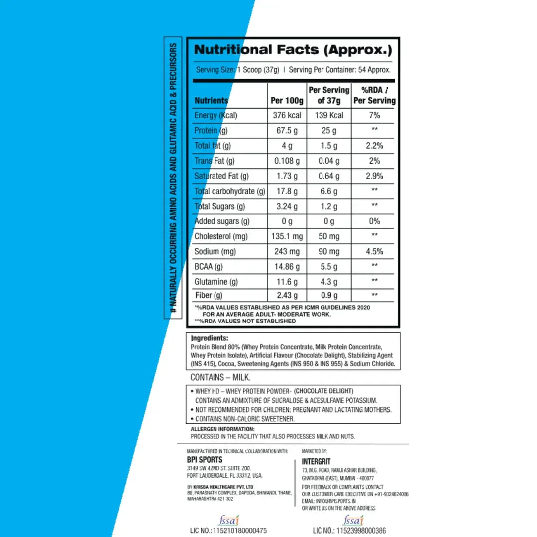 BPI Sports Whey HD Ultra Premium Protein Powder- 4.4 Lbs