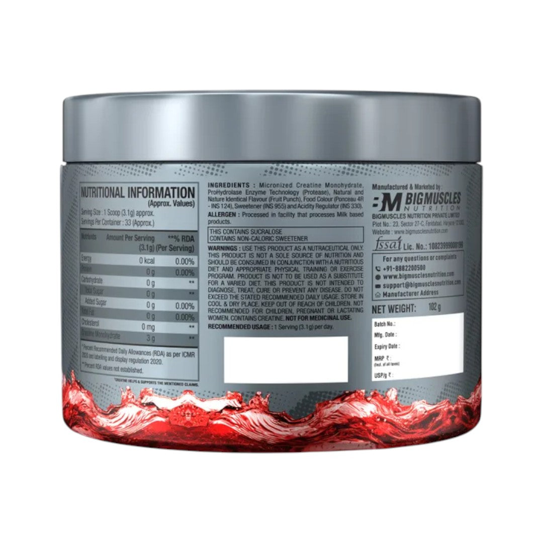 Big Muscles Nutrition Micronised Creatine Monohydrate Powder 100g - 33 Servings