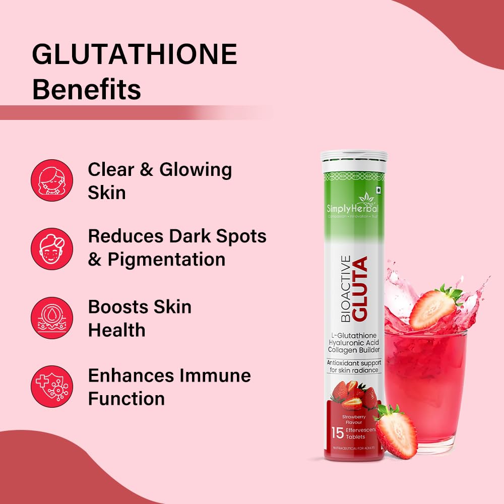 Simply Herbal Bioactive Gluta Effervescent Tablets | L-Glutathione, Hyaluronic Acid | Strawberry | 15 Tablets