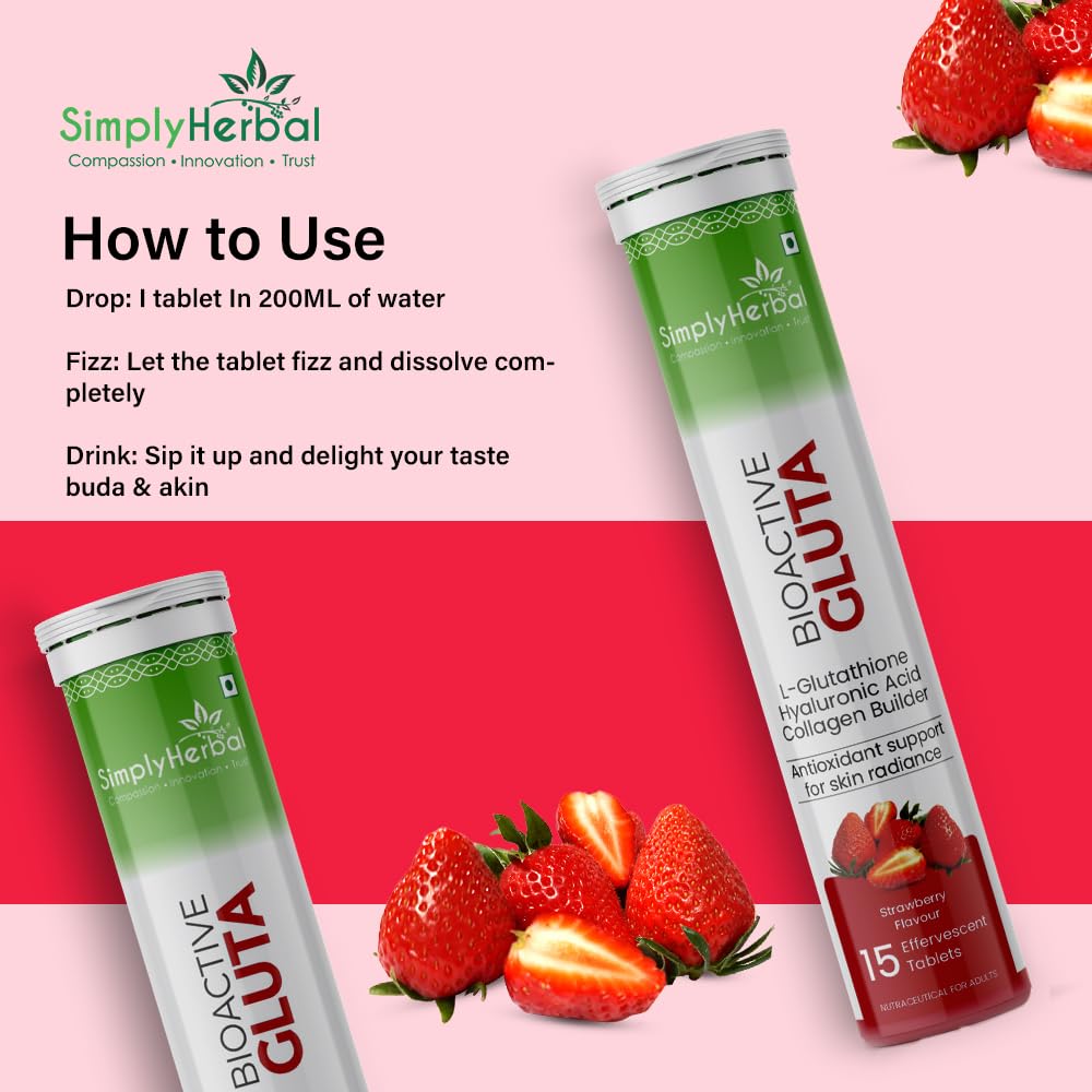 Simply Herbal Bioactive Gluta Effervescent Tablets | L-Glutathione, Hyaluronic Acid | Strawberry | 15 Tablets