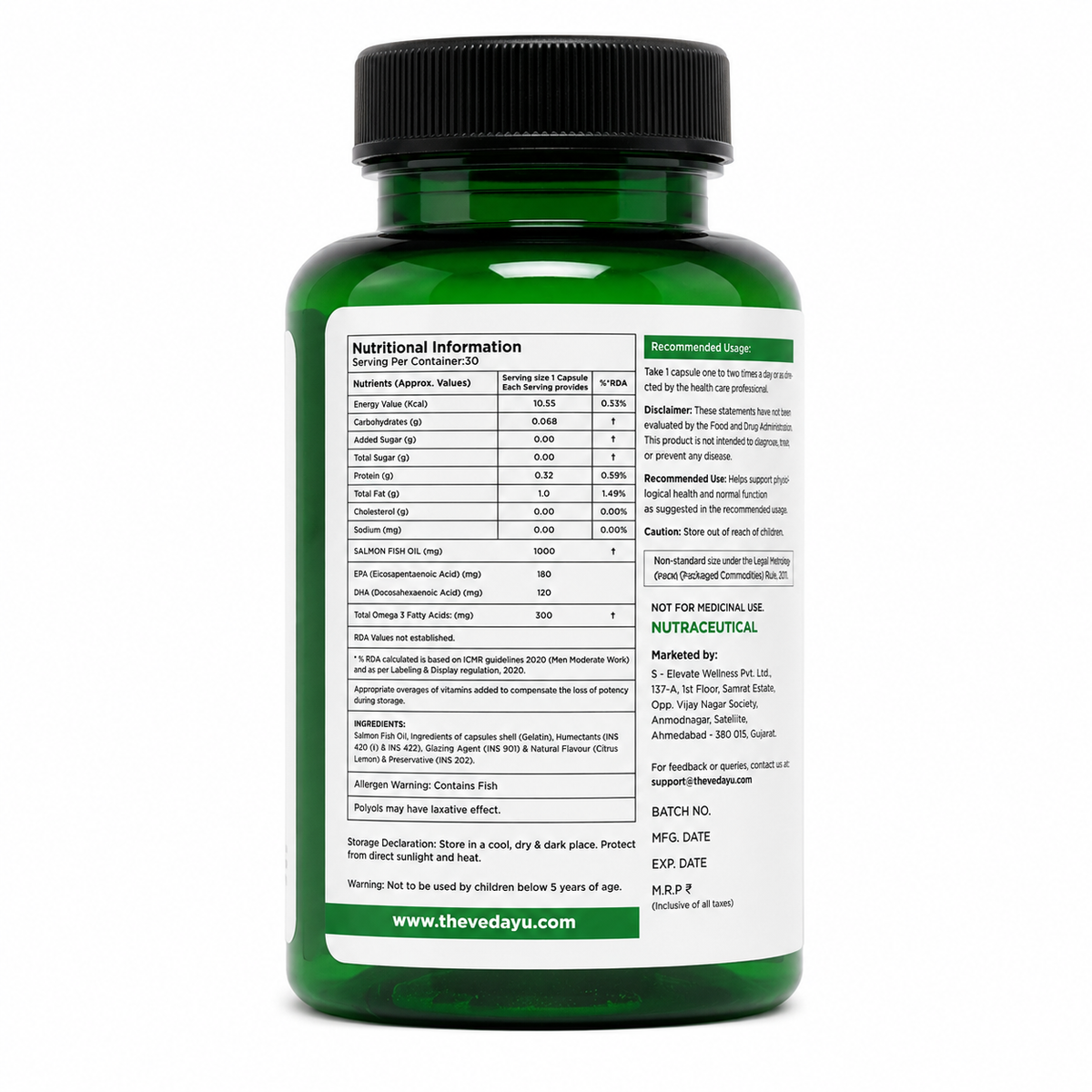 VEDayu Omega 3 Salmon Fish Oil Capsule 1000 mg - Softgel Capsules- Support Heart, Joint, Bone & Skin. - 30 Capsules