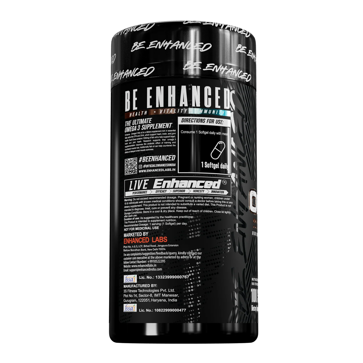 Enhanced Labs Omega 3 High Dose Fish Oil | Triple Strength 1300mg | EPA 900mg & DHA 350mg| 100 Servings