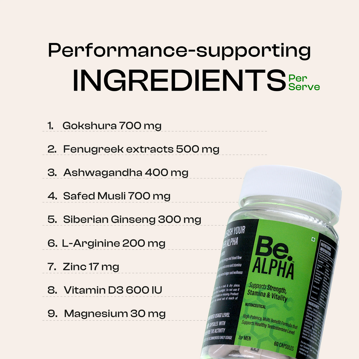 BE Wellness Alpha Men's Supplement | Ashwagandha, Safed Musli, Fenugreek & Ginseng | 60 Capsules