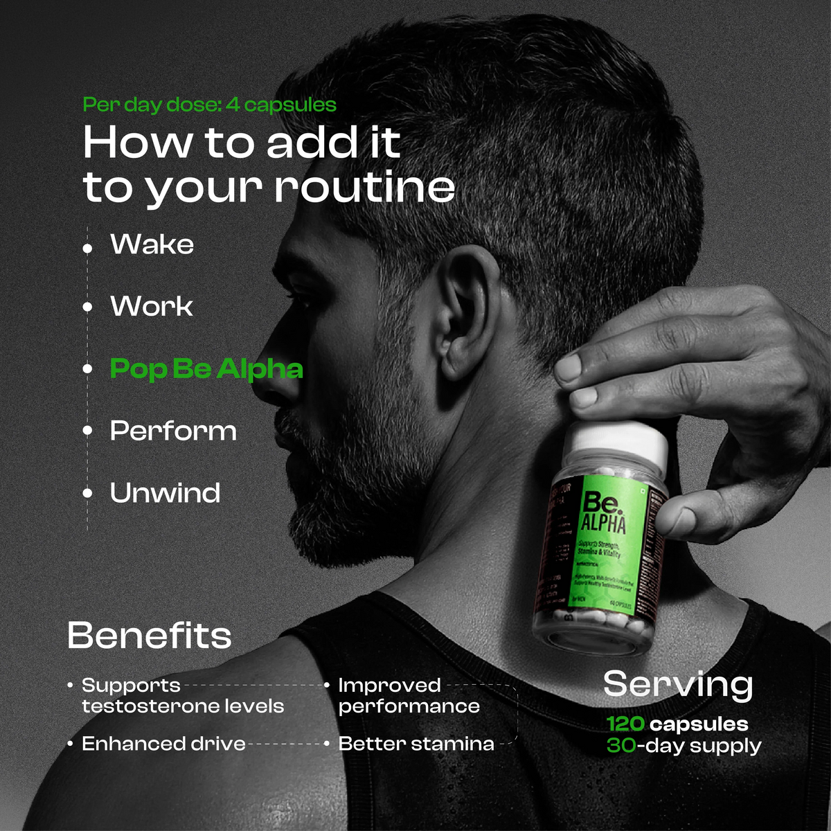 BE Wellness Alpha Men's Supplement | Ashwagandha, Safed Musli, Fenugreek & Ginseng | 60 Capsules