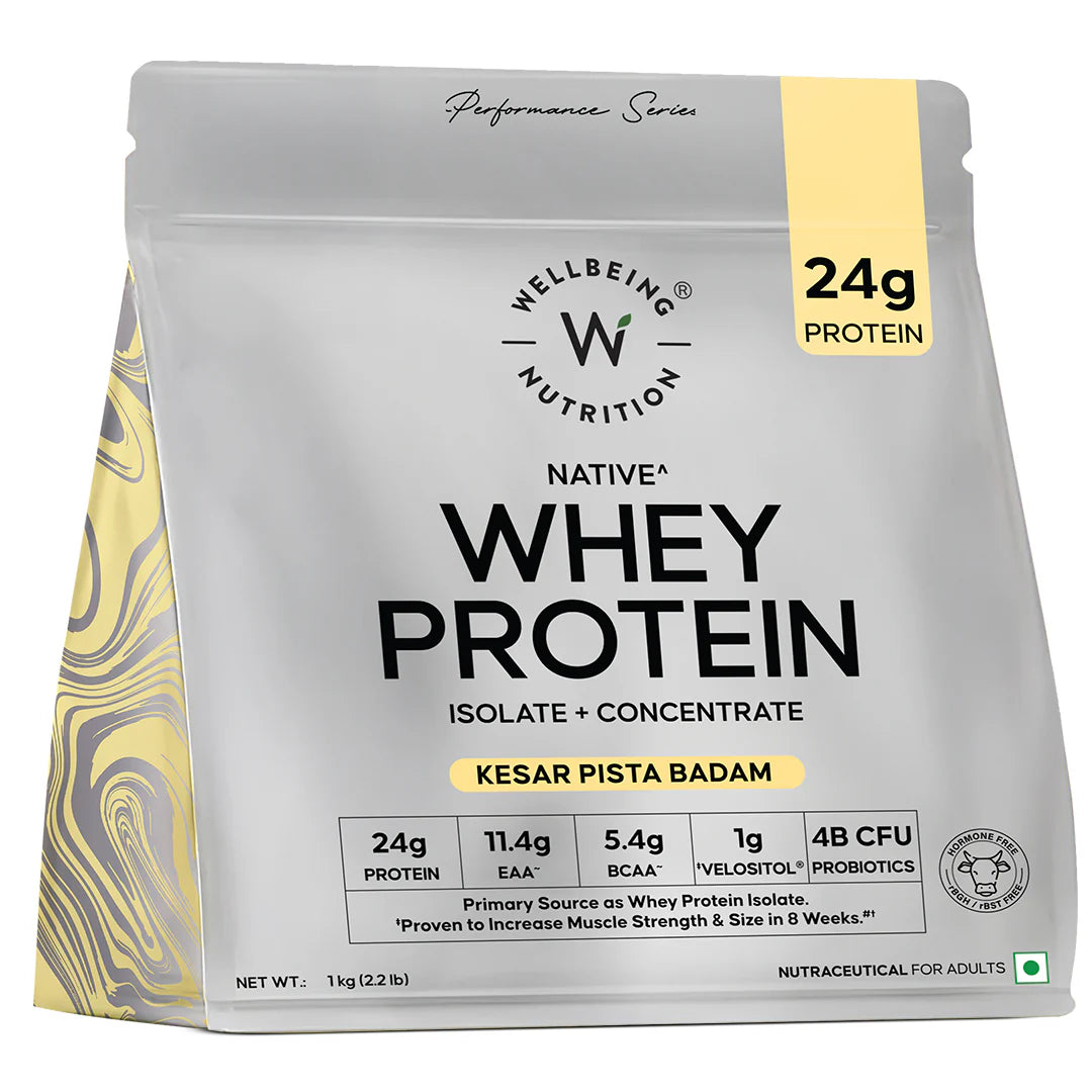 Wellbeing Nutrition Whey Protein Isolate & Concentrate | 24g Protein, Clinically Proven Velositol 2x Muscle Protein Synthesis, 4B CFU Probiotics | 1 Kg