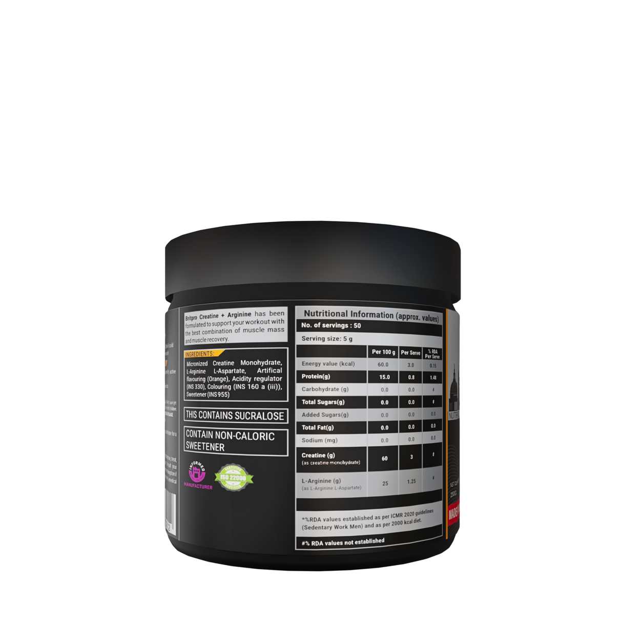 BRITPRO London Creatine + Arginine 250G - 50 Servings