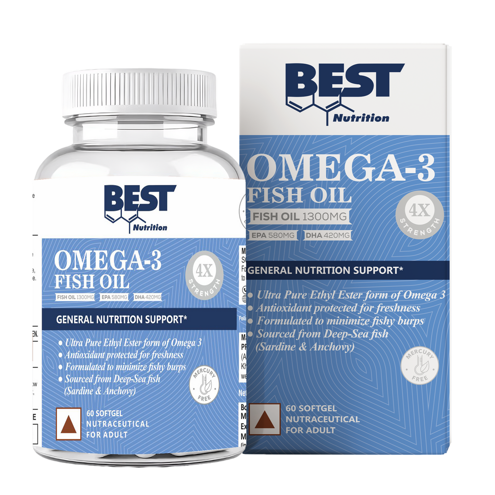 Best Nutrition 4X Omega 3 Fish Oil | 1300 mg High Strength Softgels | 60 Tablets