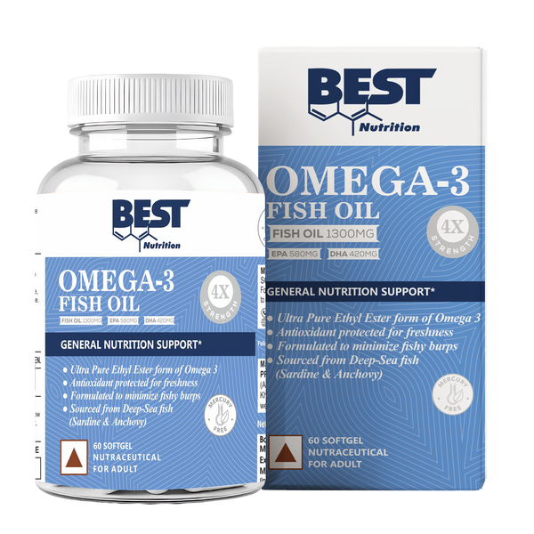 Best Nutrition 4X Omega 3 Fish Oil | 1300 mg High Strength Softgels | 60 Tablets