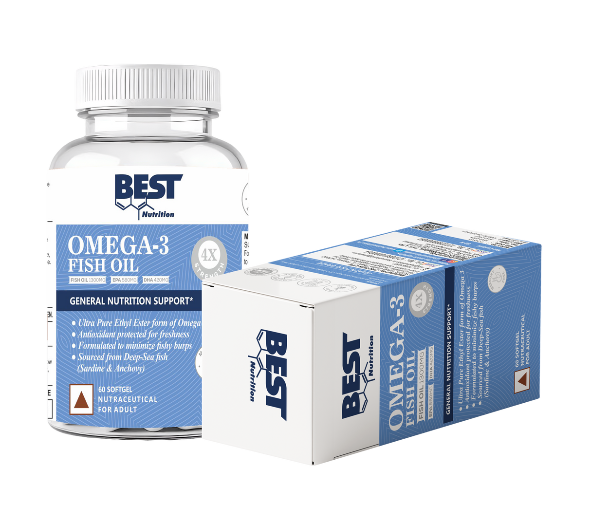 Best Nutrition 4X Omega 3 Fish Oil | 1300 mg High Strength Softgels | 60 Tablets