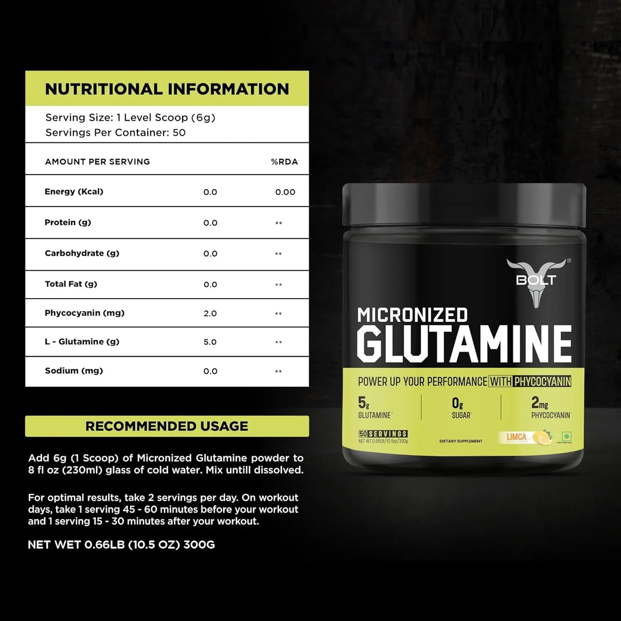 Bolt Nutrition Pure L-Glutamine Powder 250g, 50 Servings