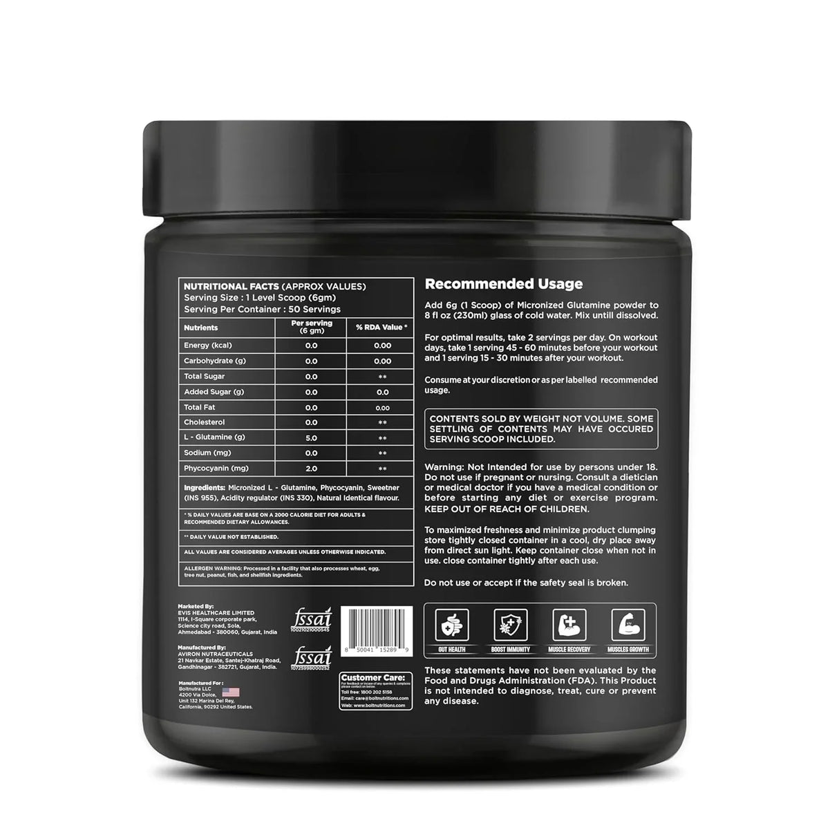 Bolt Nutrition Pure L-Glutamine Powder 250g, 50 Servings
