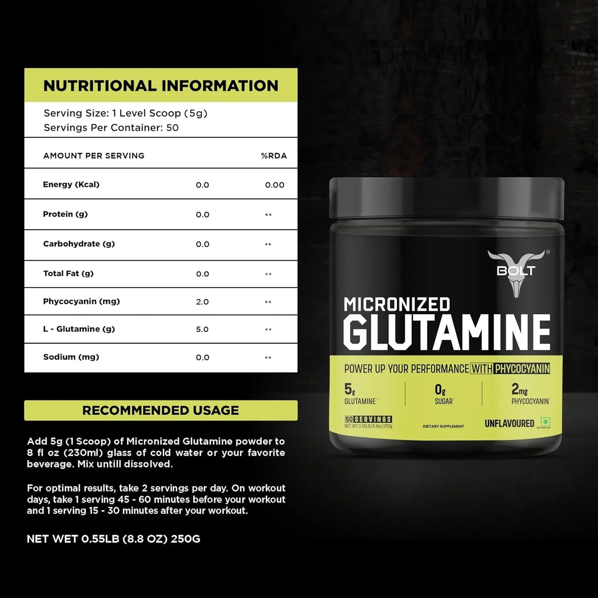 Bolt Nutrition Pure L-Glutamine Powder 250g, 50 Servings