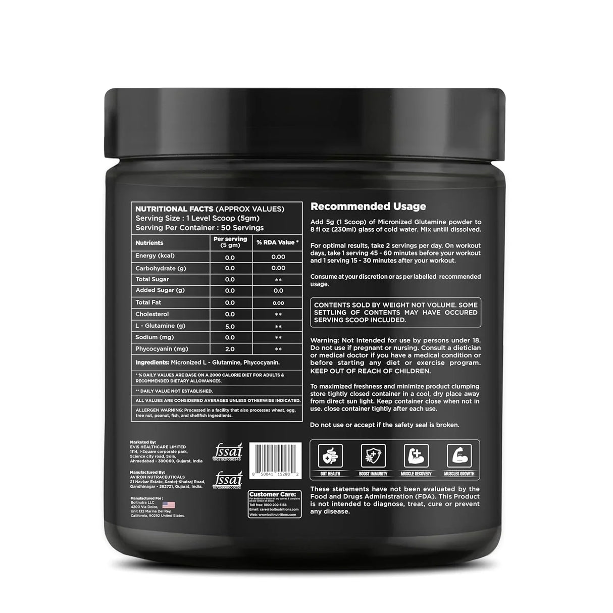 Bolt Nutrition Pure L-Glutamine Powder 250g, 50 Servings