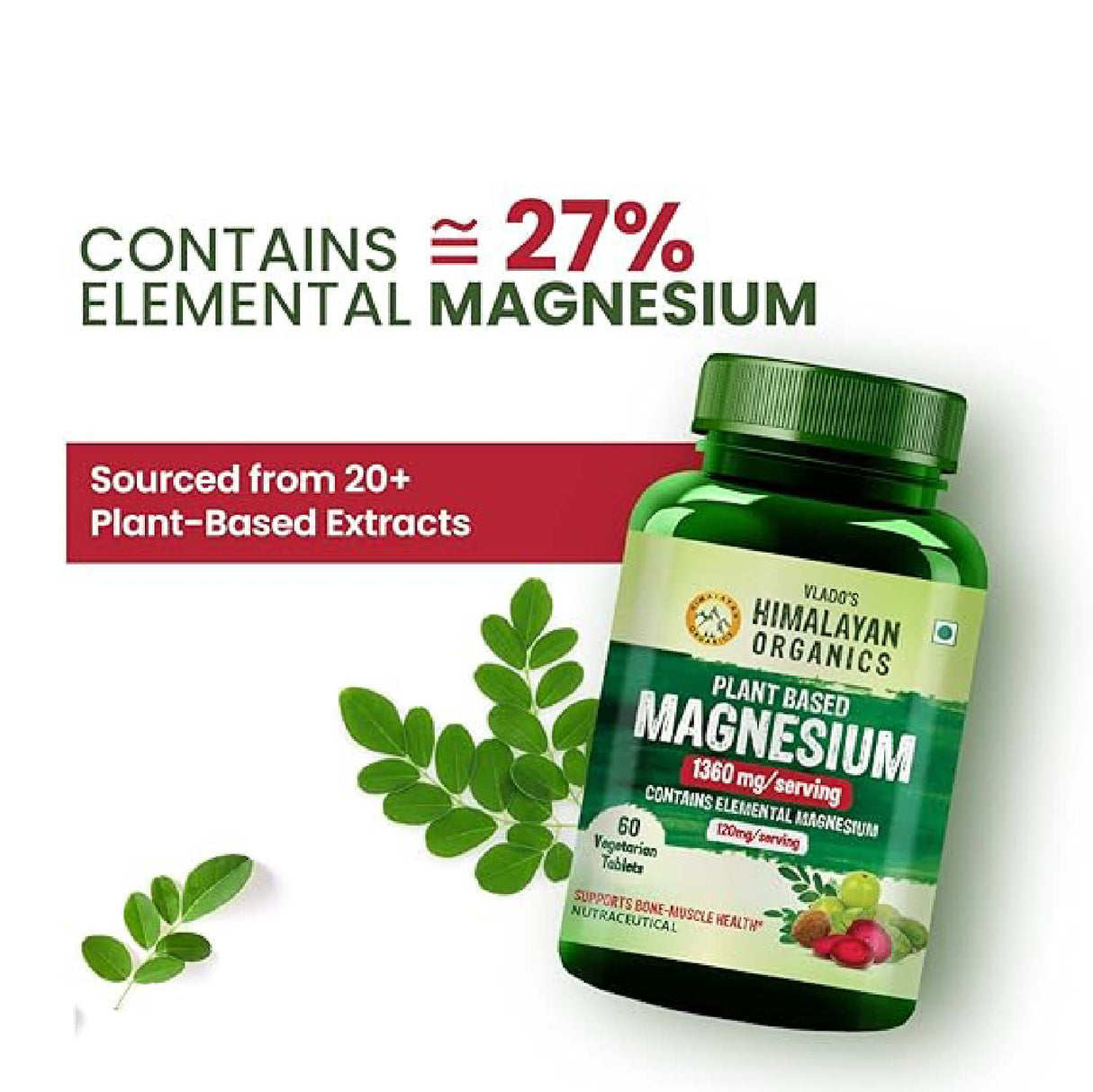 Himalayan Organics, Plant Based Magnesium with Turmeric Spirulina Moringa, 1360mg 