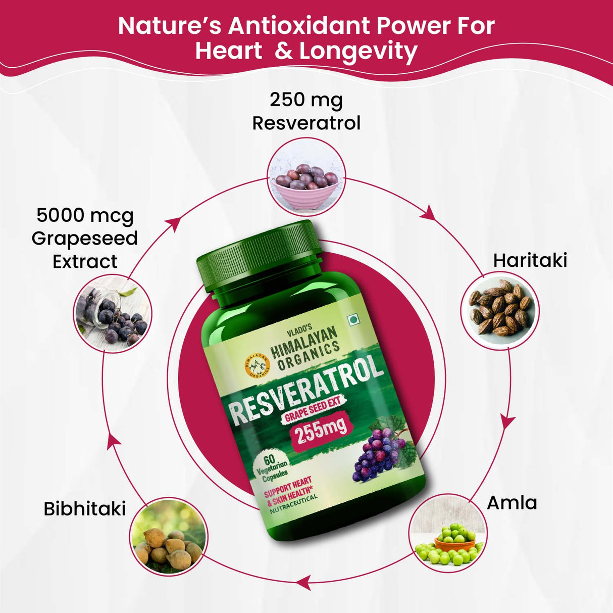 Himalayan Organics, Resveratrol with Grape Seed Extract, 255mg 