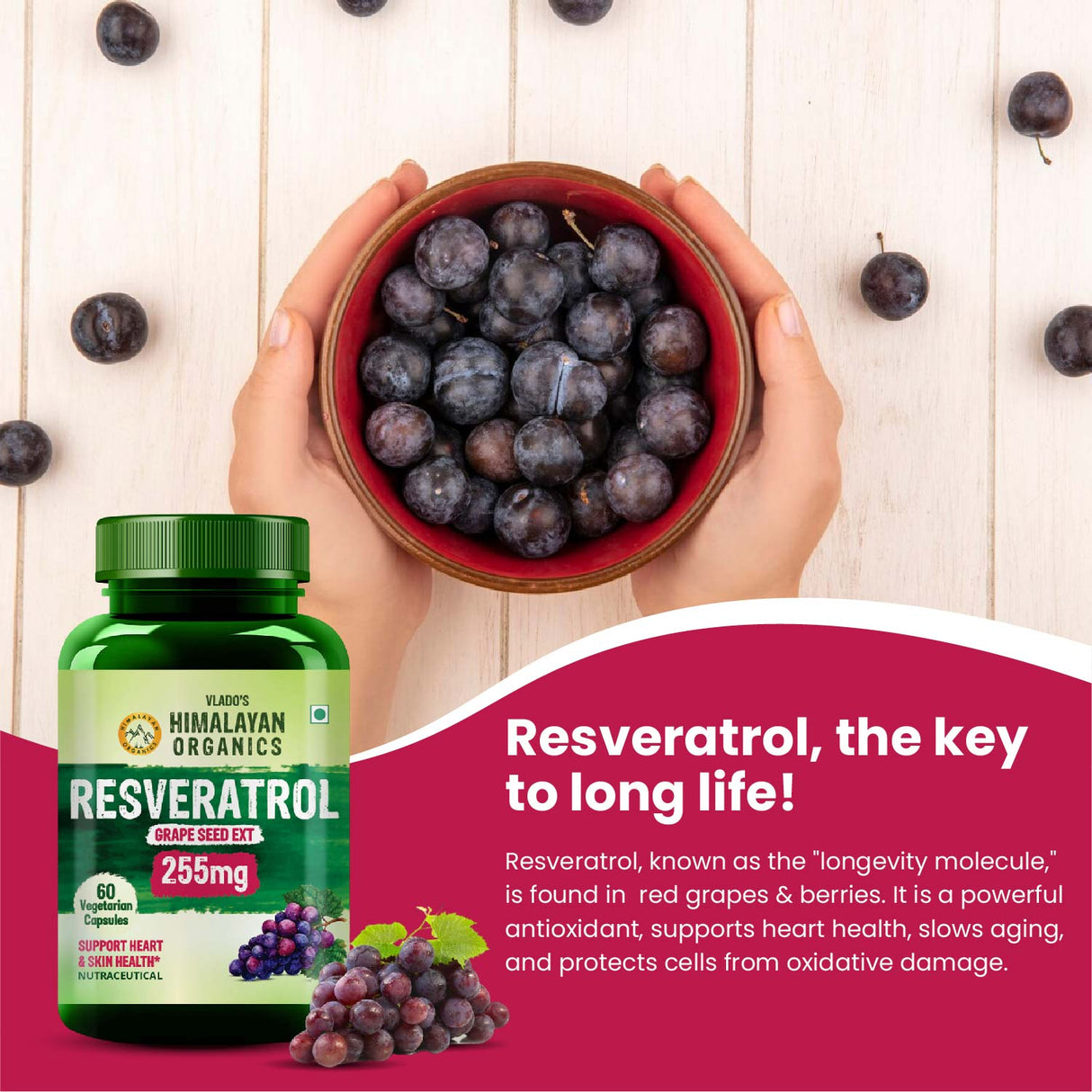 Himalayan Organics, Resveratrol with Grape Seed Extract, 255mg 