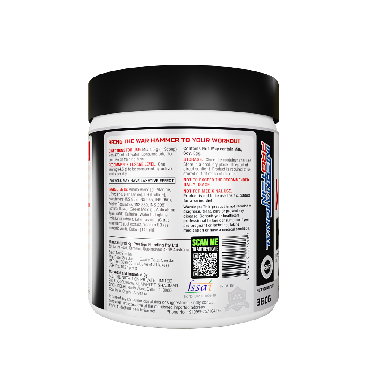 International Protein War Hammer Black Ops Pre-Workout Powder | L-Citrulline, Beta-Alanine, L-Tyrosine, L-Theanine & Caffeine | 80 Servings