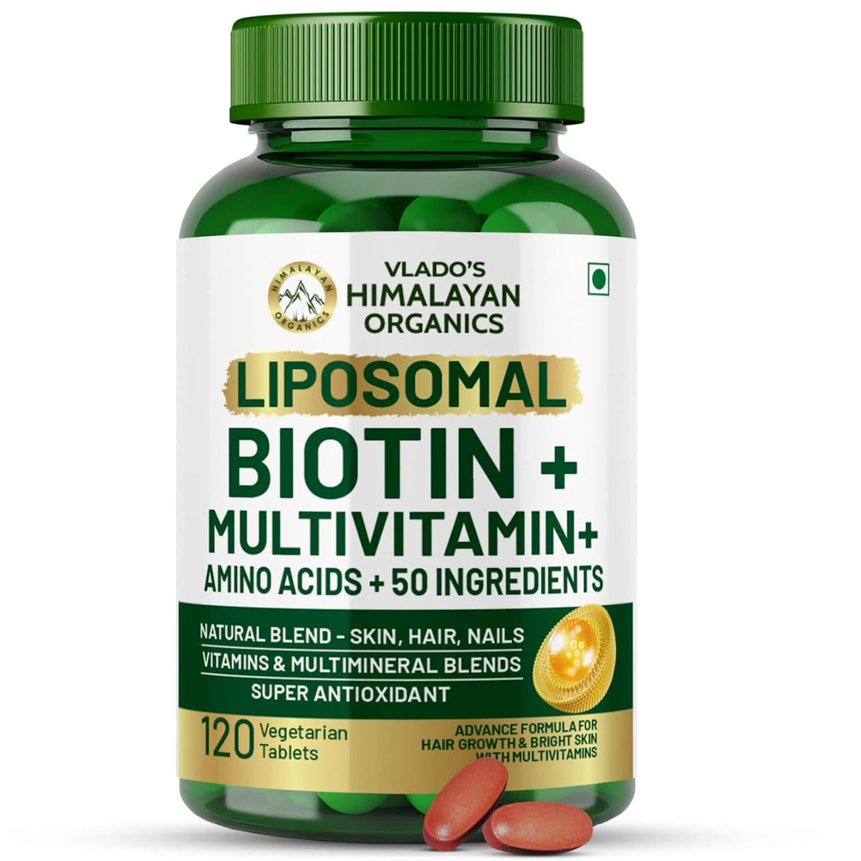 Vlado's Himalayan Organics Liposomal Biotin + Multivitamin | Amino Acids+50 Ingredients | Hair, Skin & Nails Support | 120 Veg Tablets"