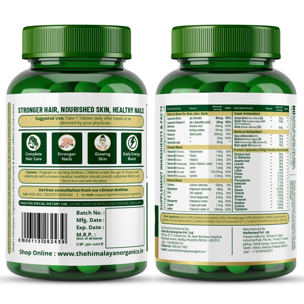 Vlado's Himalayan Organics Liposomal Biotin + Multivitamin | Amino Acids+50 Ingredients | Hair, Skin & Nails Support | 120 Veg Tablets"