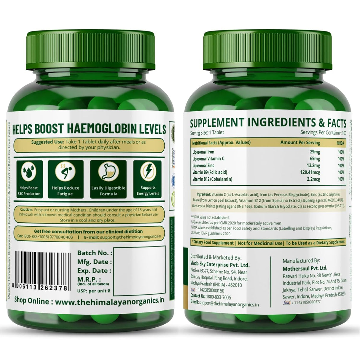 Vlado's Himalayan Organics Liposomal Iron + Vitamin C Folic Acid, B12 & Zinc | 100 Veg Tablets