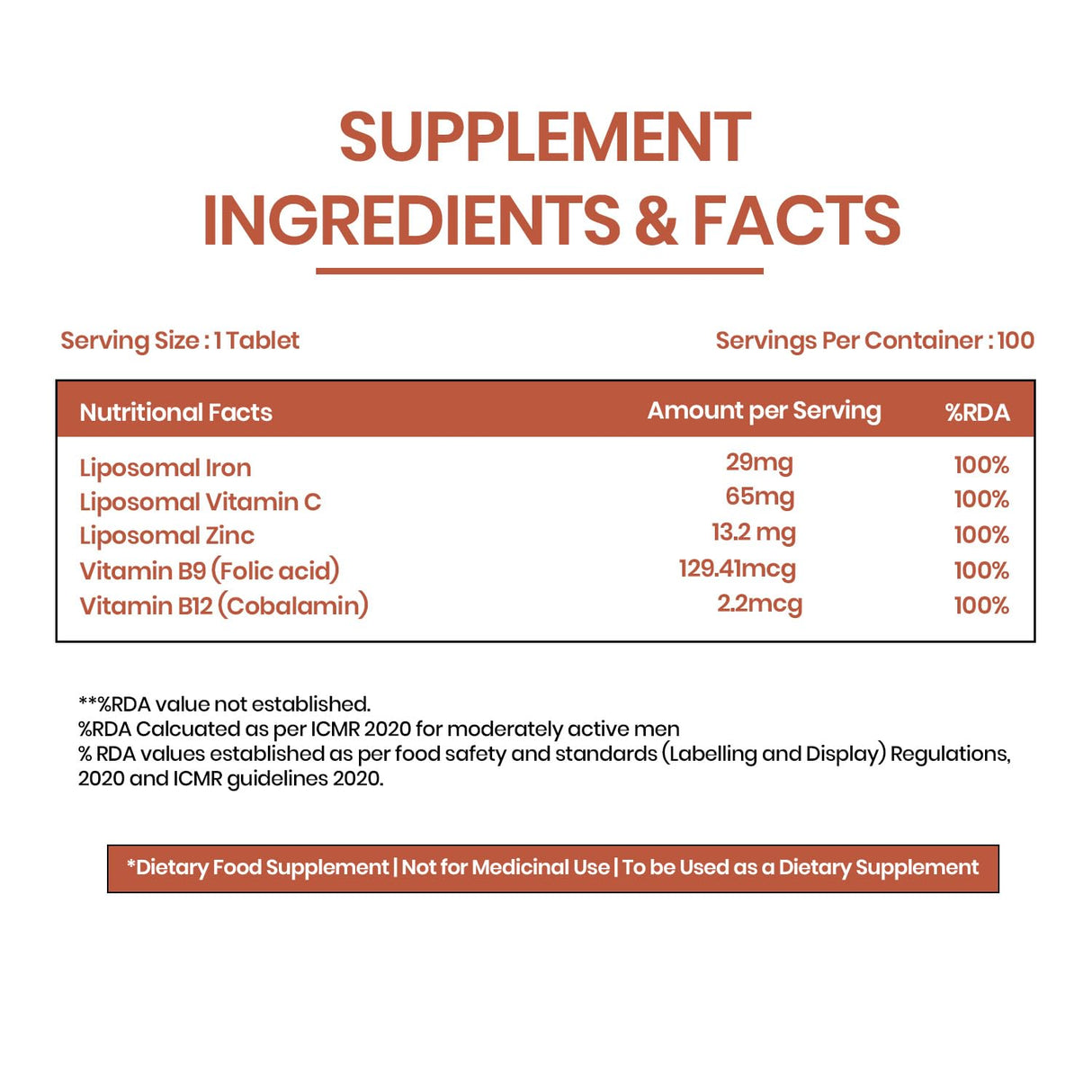 Vlado's Himalayan Organics Liposomal Iron + Vitamin C Folic Acid, B12 & Zinc | 100 Veg Tablets