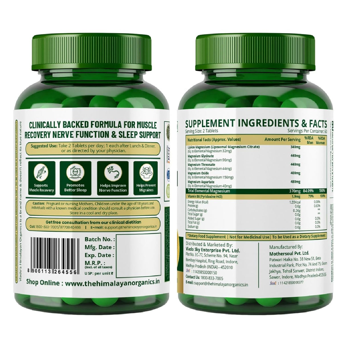 Vlado's Himalayan Organics Liposomal 5X Magnesium Complex 2100mg | Sleep & Muscle Function | 120 Tablets
