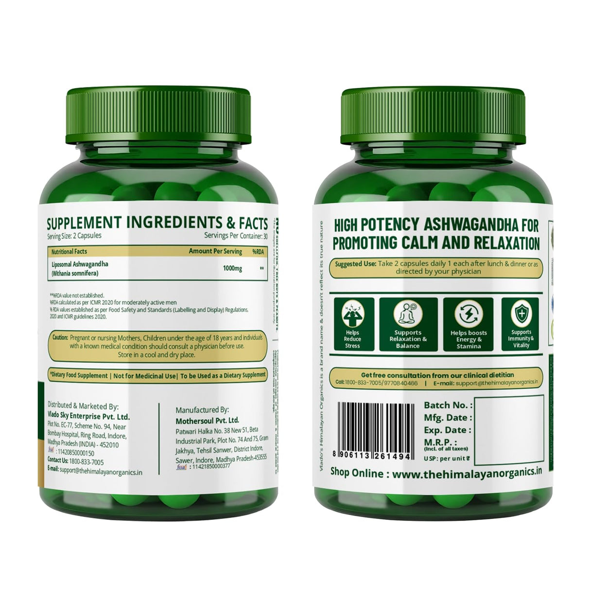 Vlado's Himalayan Organics Liposomal Ashwagandha 1000mg | Energy & Endurance | 60 Veg Capsules